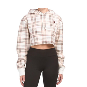 Champion Reverse Weave Cropped Cut Off Hoodie Cream Brown Black Plaid small S
